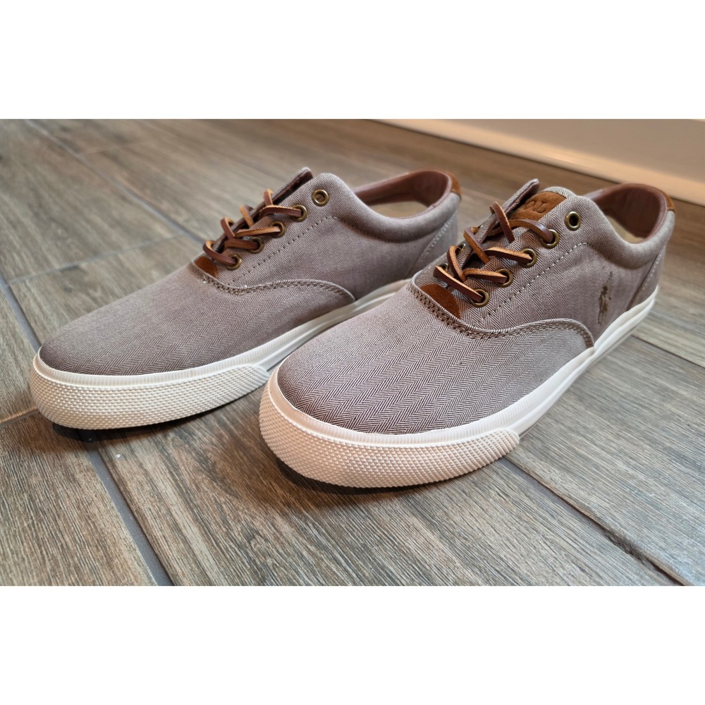 Polo Ralph Lauren Vaughn Mens 10 D Dark Khaki Chambray Herringbone Sneakers New